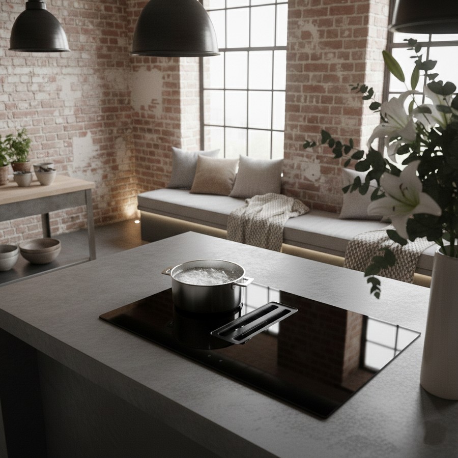 75cm Arcus vented induction hob installed in a modern kitchen featuring exposed brickwork and lounge area