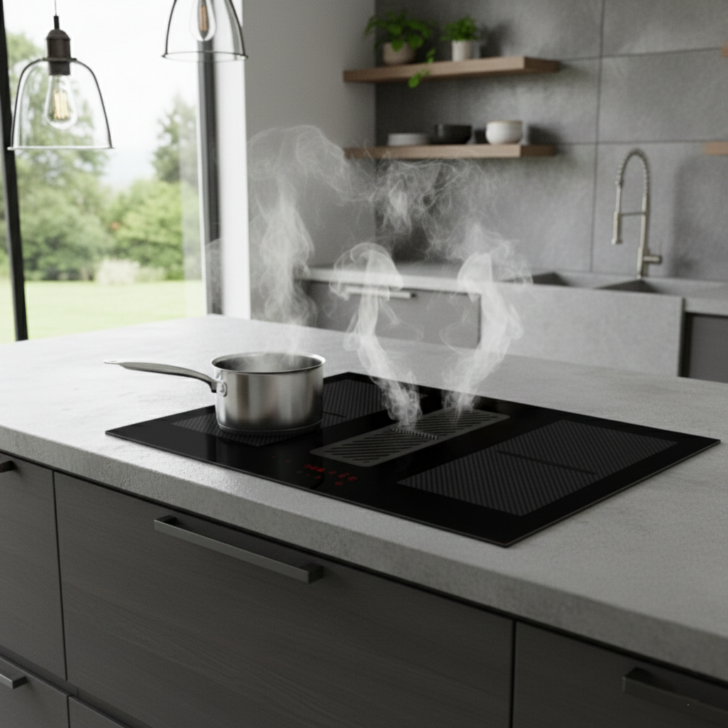 78cm Arcus vented induction hob installed within a grey marble worktop in an open plan kitchen