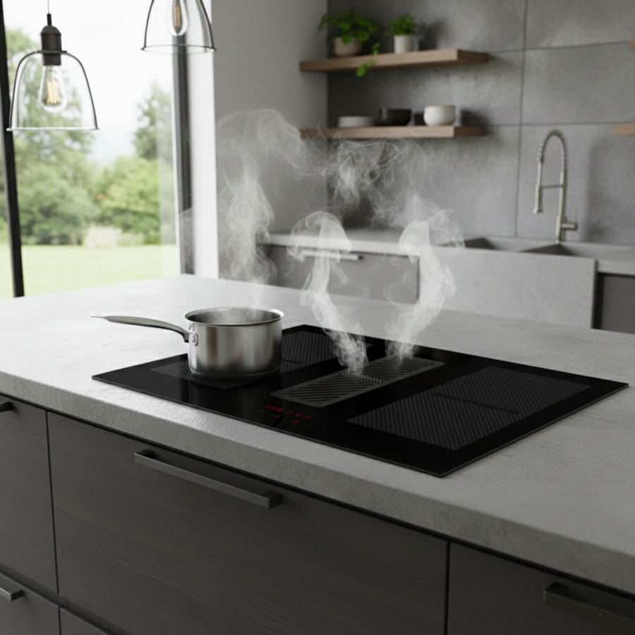 78cm Arcus vented induction hob installed within a grey marble worktop in an open plan kitchen