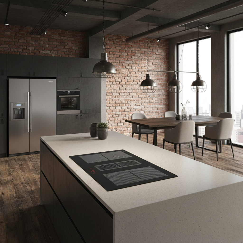 Arcus 78cm vented downdraft induction hob installed within an open plan kitchen diner with large central island