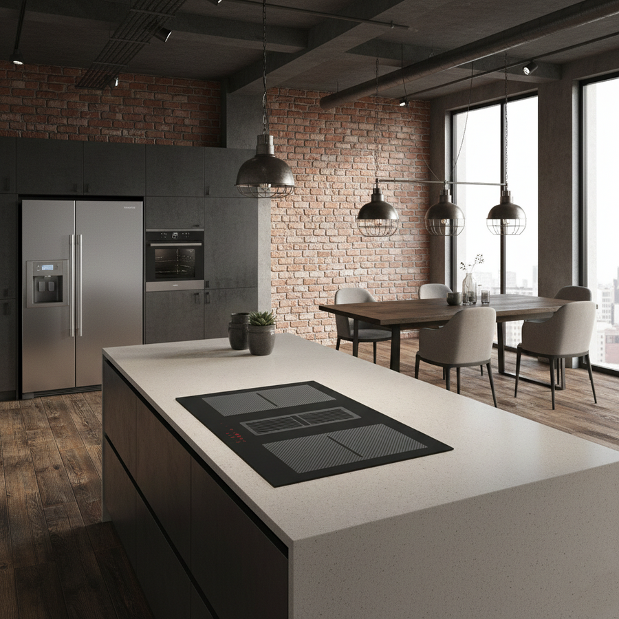 Arcus 78cm vented downdraft induction hob installed within an open plan kitchen diner with large central island