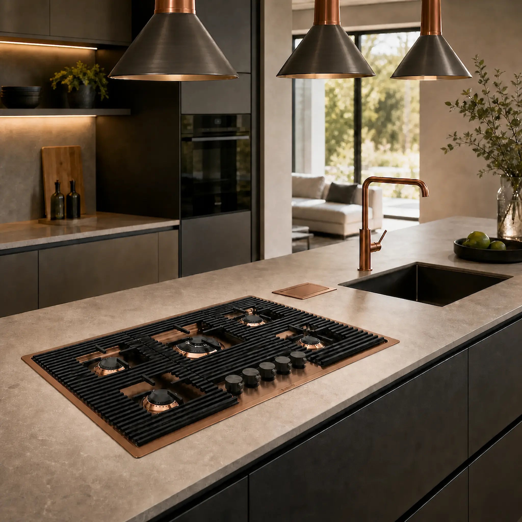 80cm 5 burner gas hob powerful wok burner - cast iron flush pan grilles - Copper -PVD Steel Finish