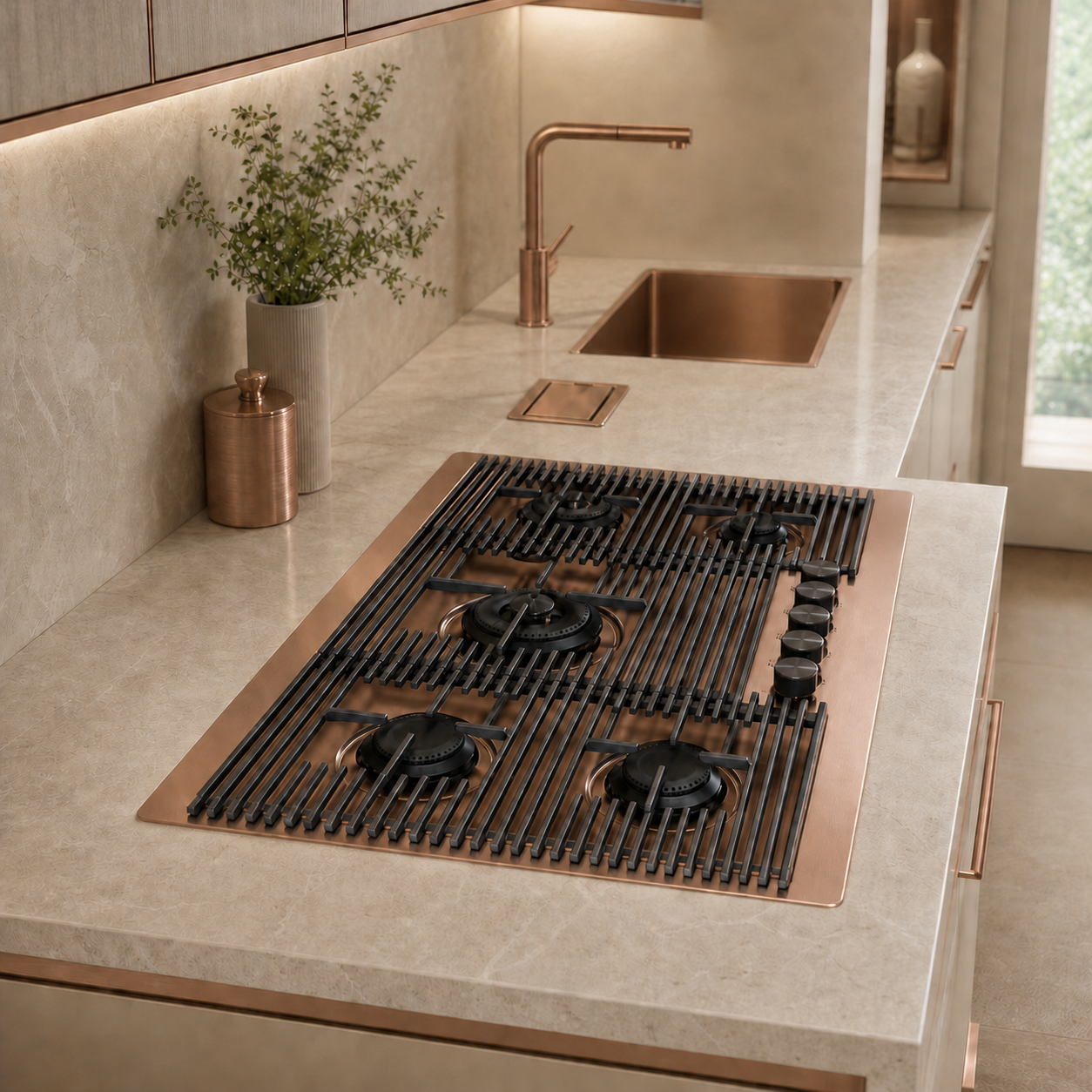 Copper 5 burner gas hob with center wok burner 