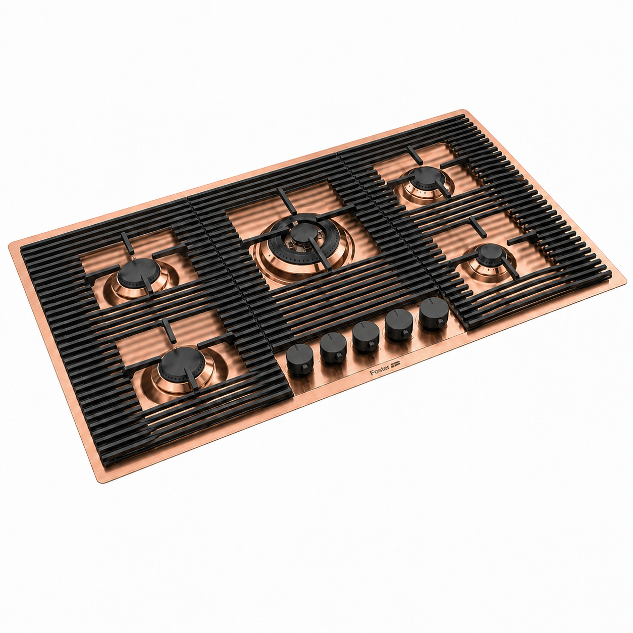 flush mounted range hob with 5 burners including a 4kw wok burner copper finish