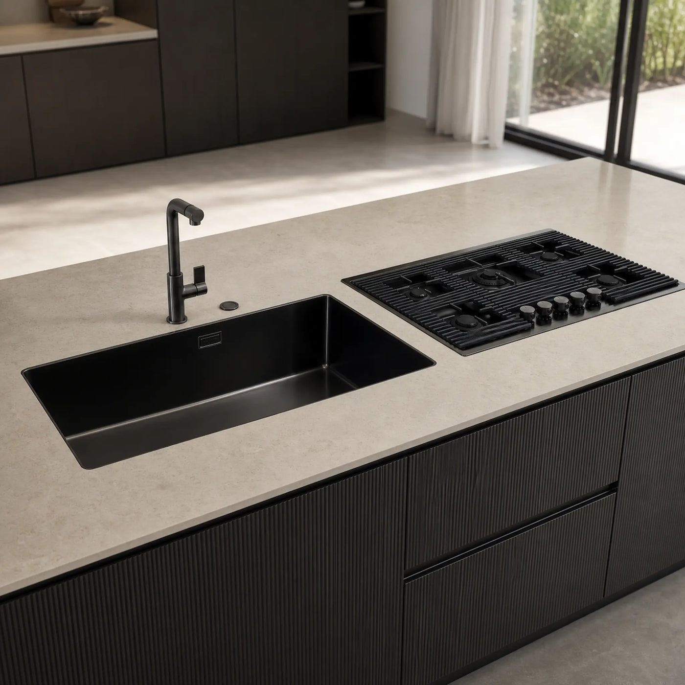 80cm 5 burner gas hob powerful wok burner - cast iron flush pan grilles - Gun Metal  -PVD Steel Finish