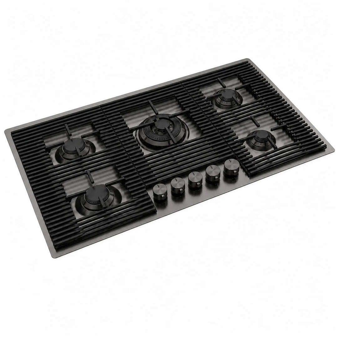 80cm 5 burner gas hob powerful wok burner - cast iron flush pan grilles - Gun Metal -PVD Steel Finish