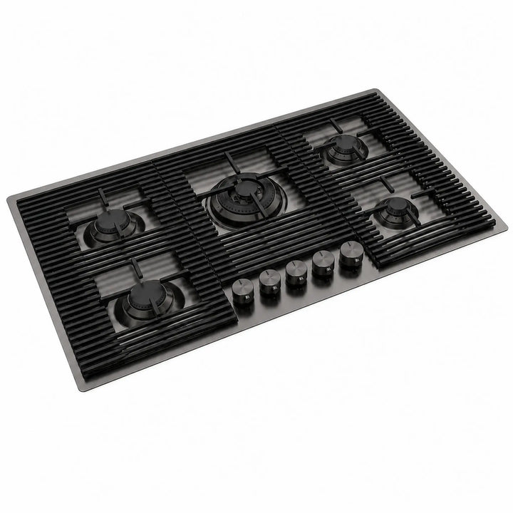 80cm 5 burner gas hob powerful wok burner - cast iron flush pan grilles - Gun Metal -PVD Steel Finish