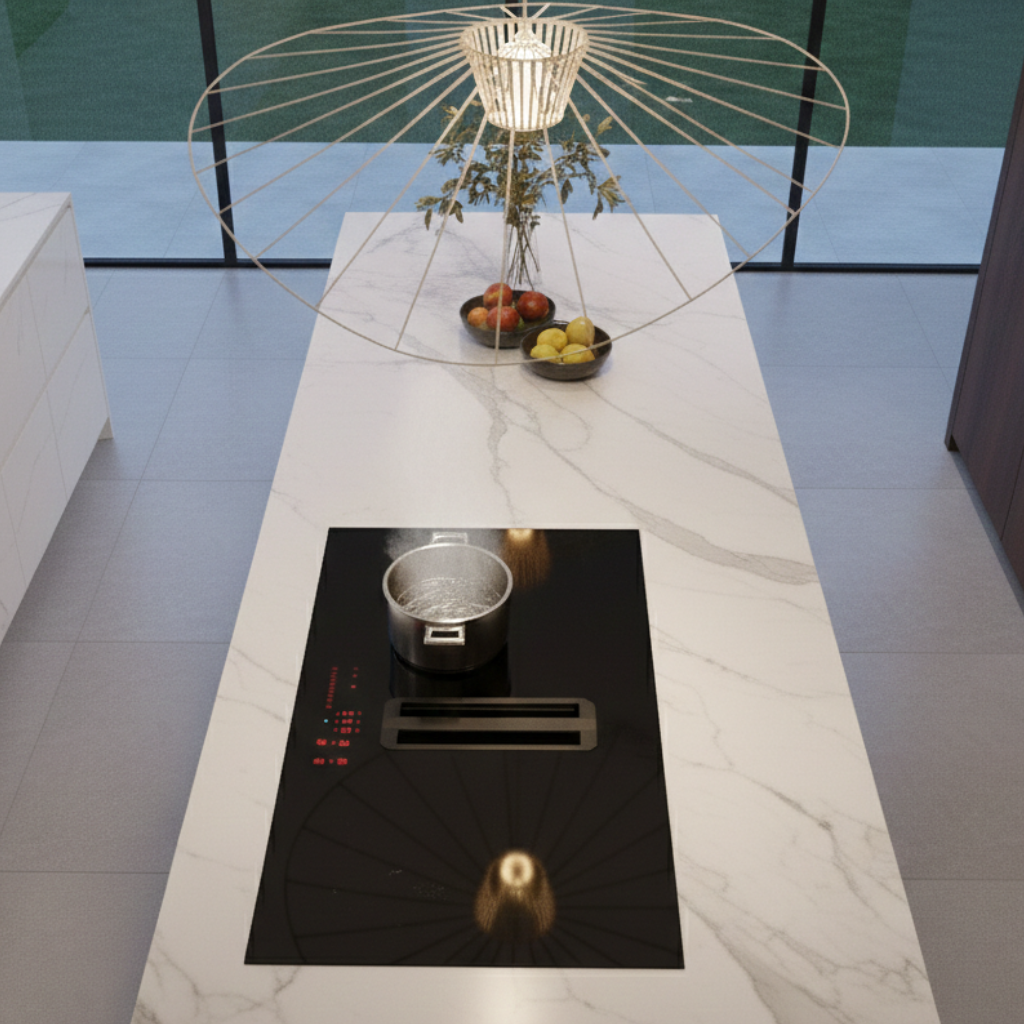 Vented downdraft induction hob 83cm Arcus, installed within a large island in a modern kitchen with marble worktop and pendant lighting 