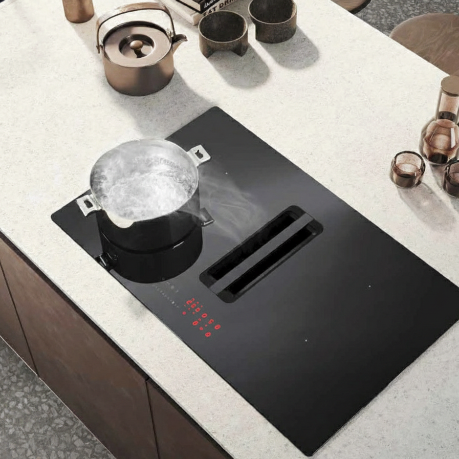 Arcus 83cm vented induction hob installed within a grey marble countertop