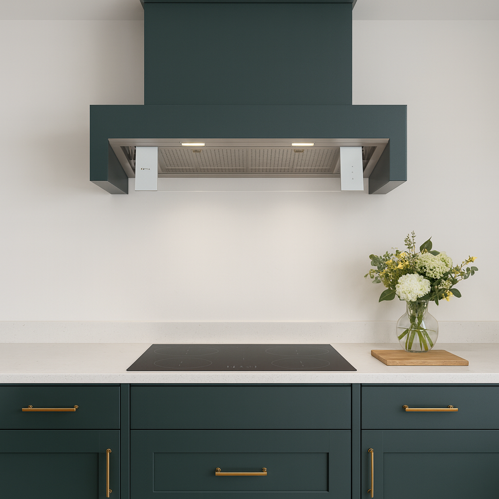 Luxair 86cm canopy cooker hood, Modern kitchen with green cabinets, white countertop, and decorative flowers.