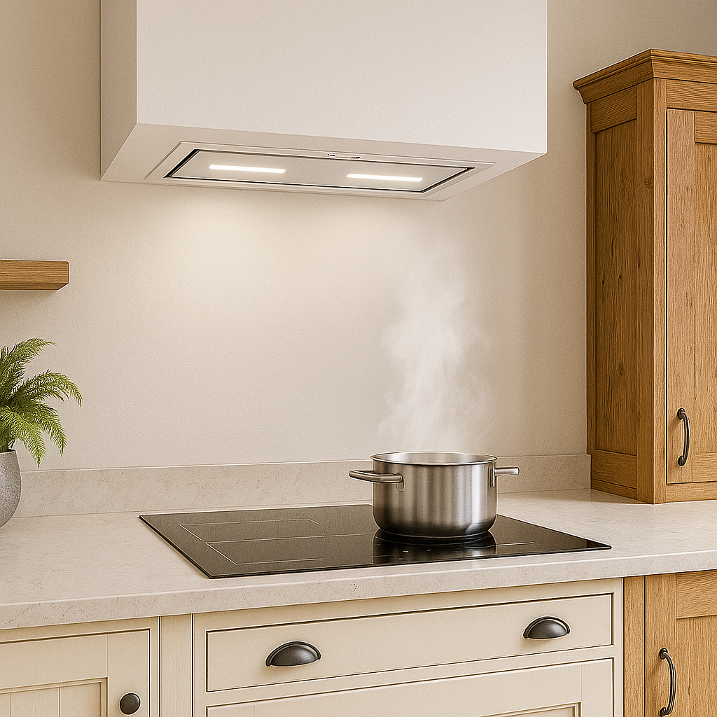 Luxair 86cm white canopy cooker hood extracting steam above an induction hob in a country-style kitchen with oak cabinets