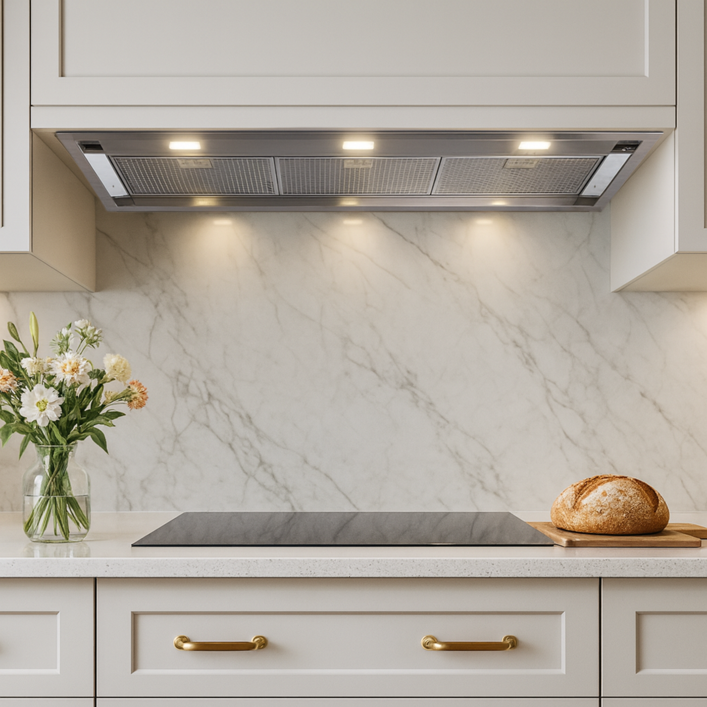 Modern kitchen with marble backsplash, stainless steel range hood, and white cabinets.