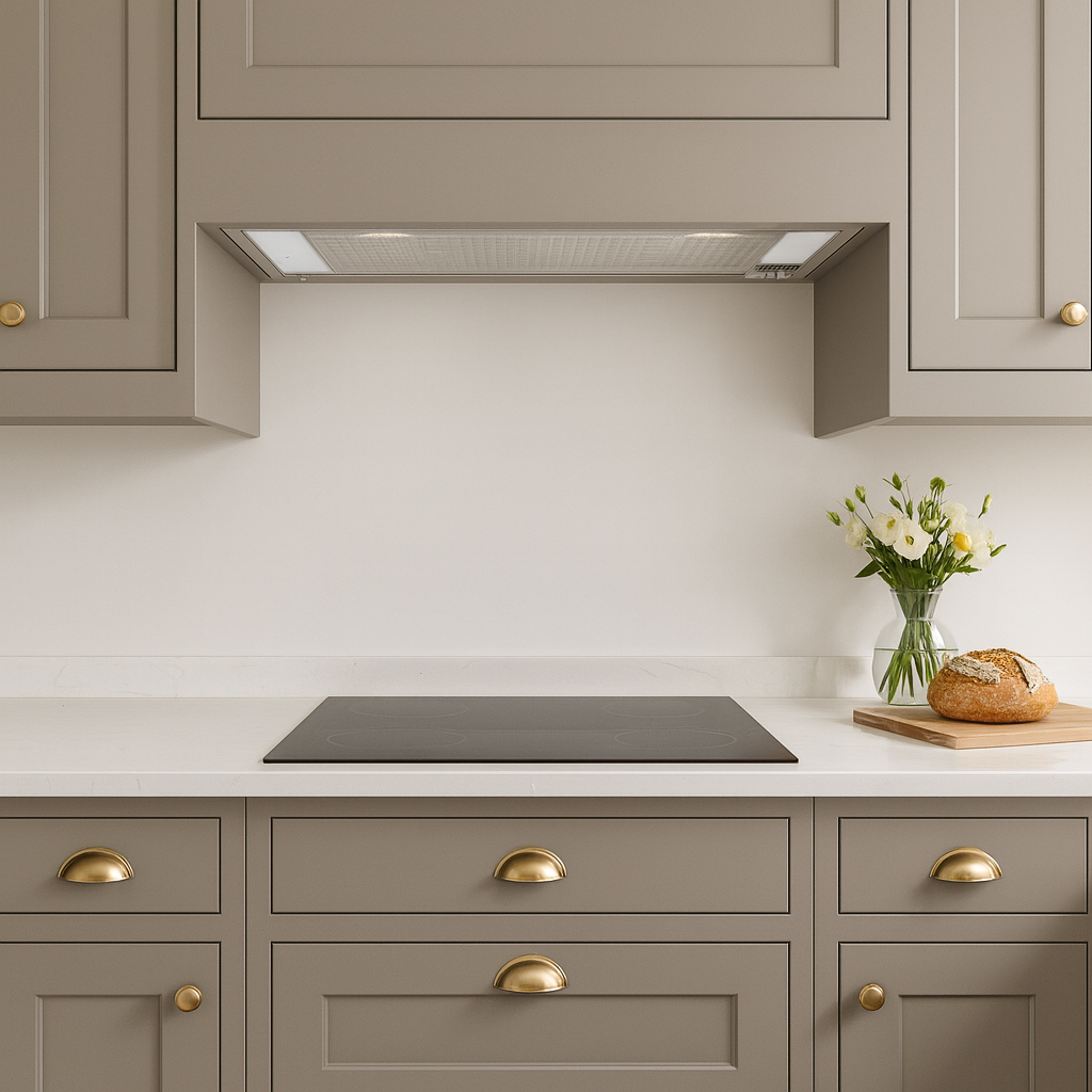 Tornia canopy cooker hood, built into a Modern kitchen with gray cabinets, white countertop