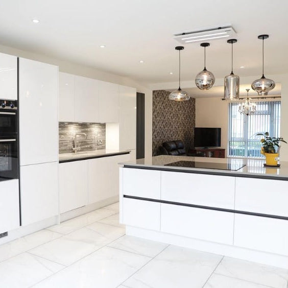 Luxair 80cm slimline white ceiling hood for island kitchens, featuring a low-profile design and high-power LED light panels.