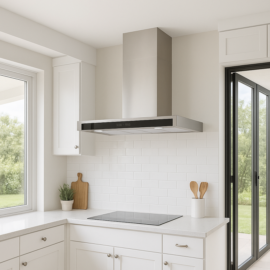 T-Line cooker hood in stainless steel within a sleek, minimalistic, white kitchen