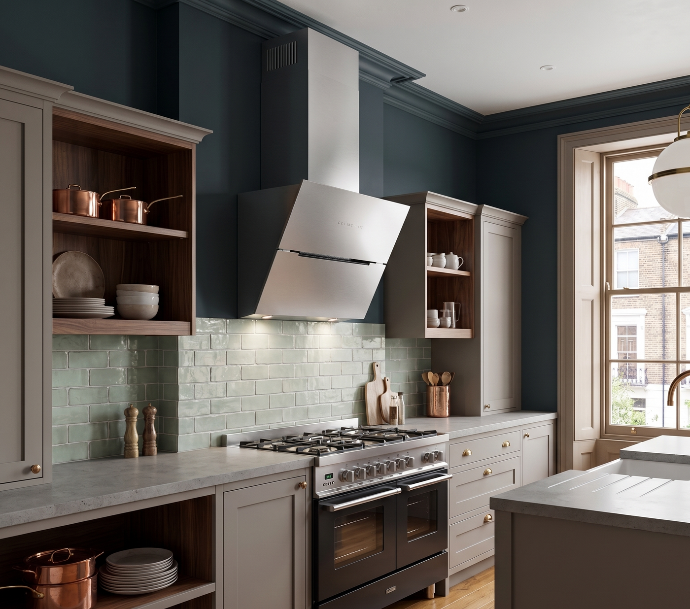 90cm Ascenti stainless steel extractor installed in a modern neutral kitchen above a range stove