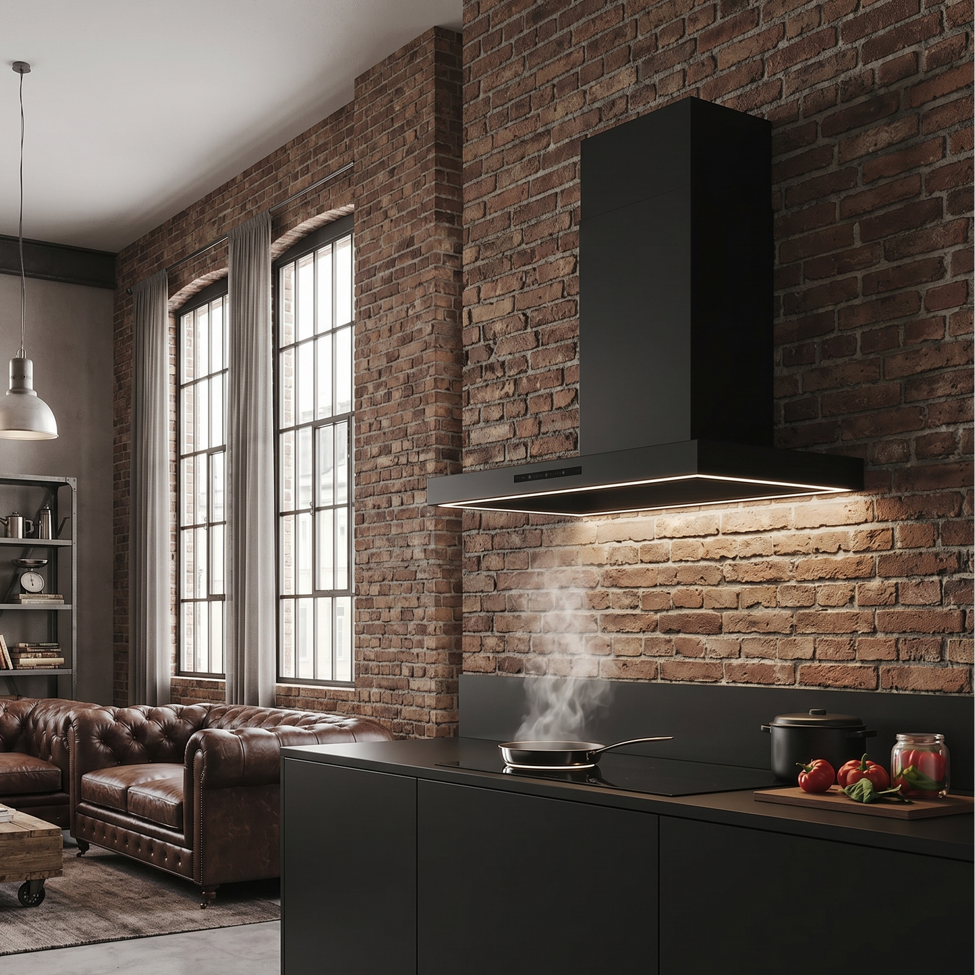 90cm matt black, Caporra wall mounted cooker hood. Set in a Modern industrial style kitchen with brick wall.