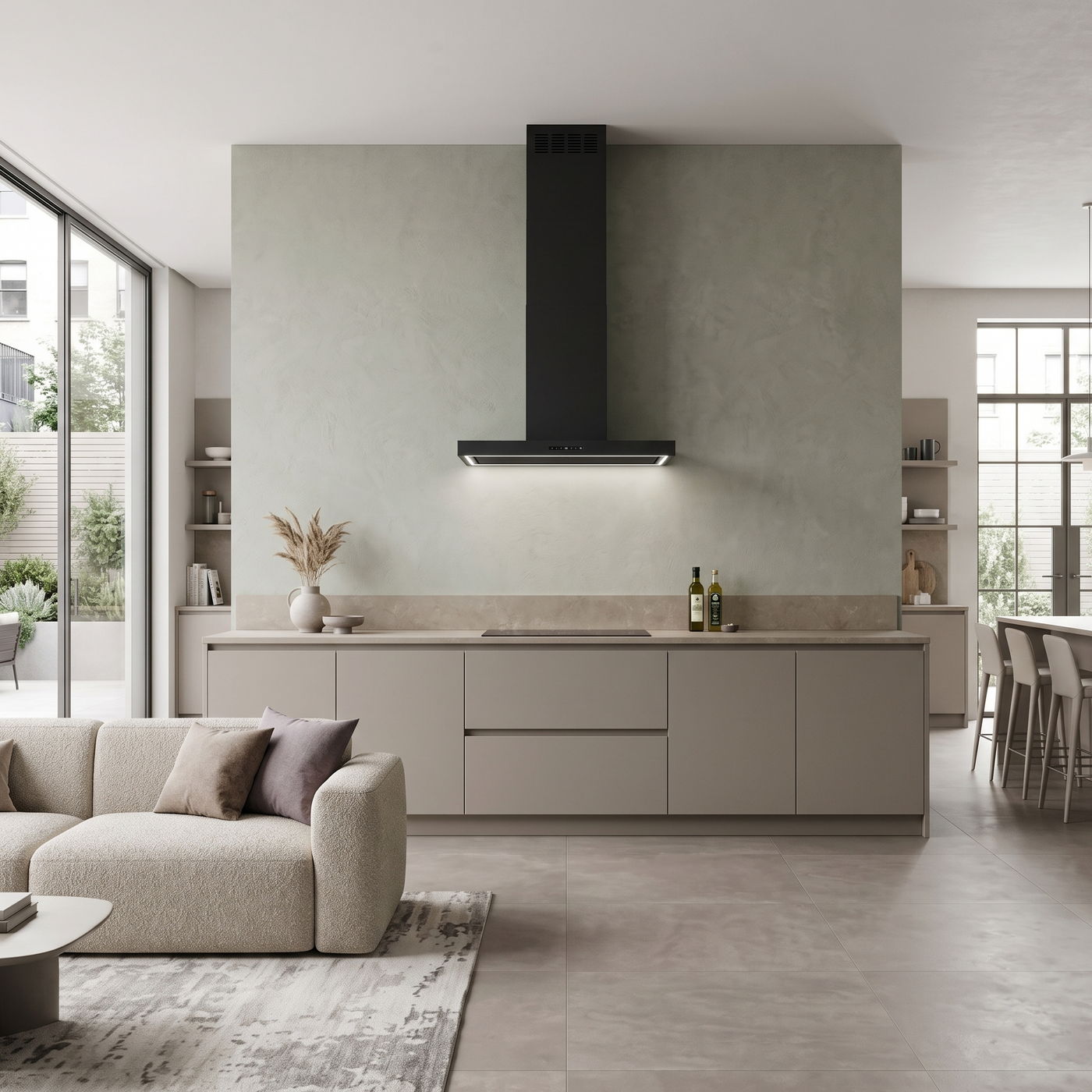 90cm Matt black, modern Caporra cooker hood, featured in a minimalist kitchen and living room with neutral tones
