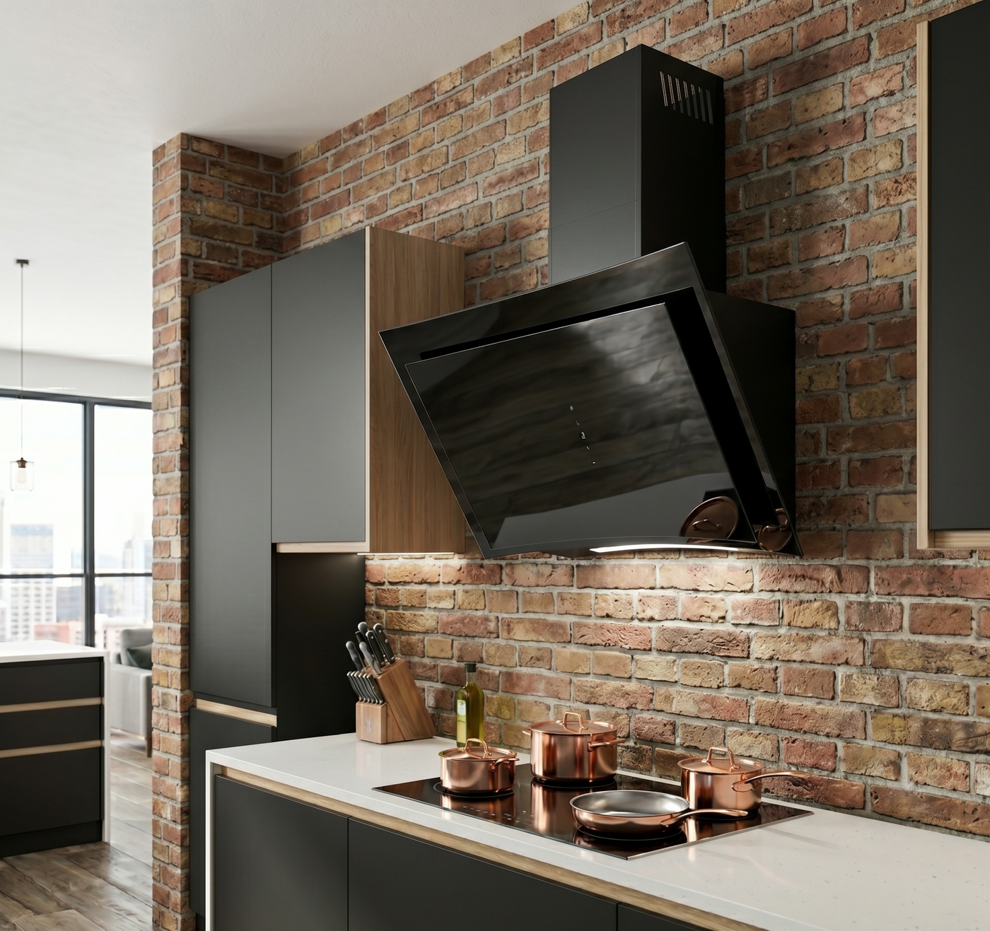 Curva angled glass wall cooker hood installed within a modern kitchen with exposed brickwork. 