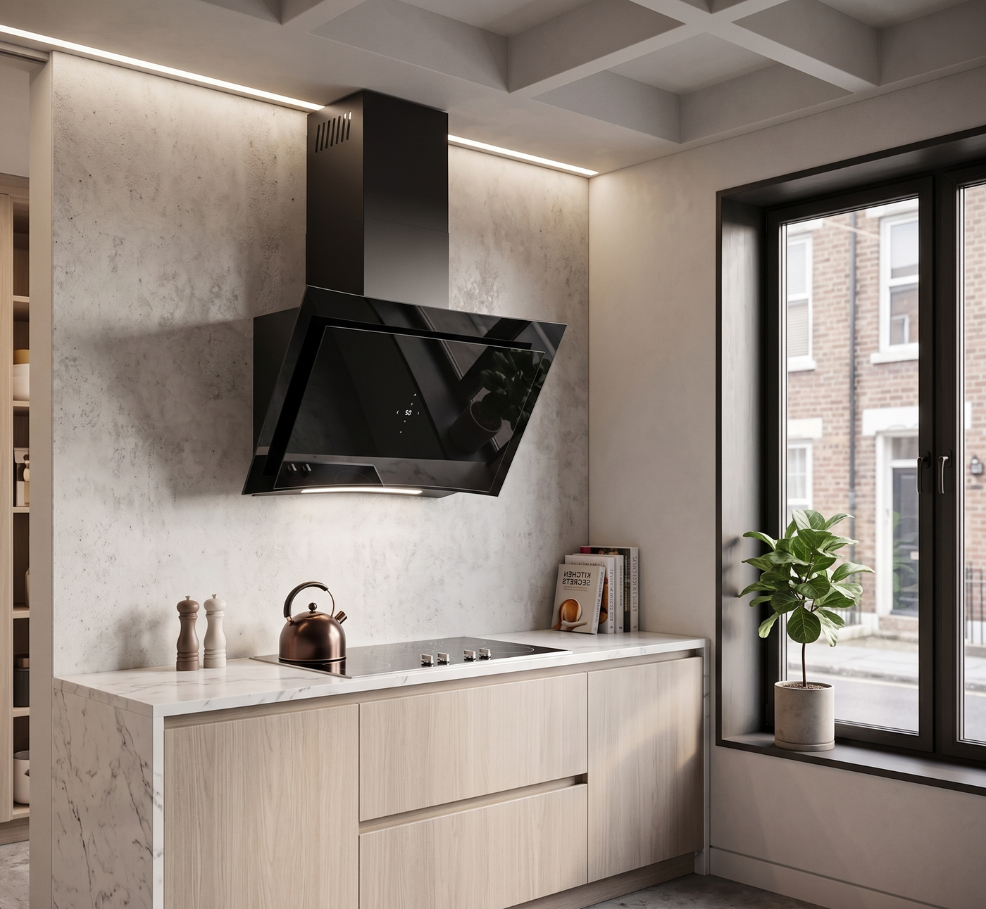 Curva angled wall mounted cooker hood installed in a minimalistic kitchen featuring wooden cabinets and marble countertop