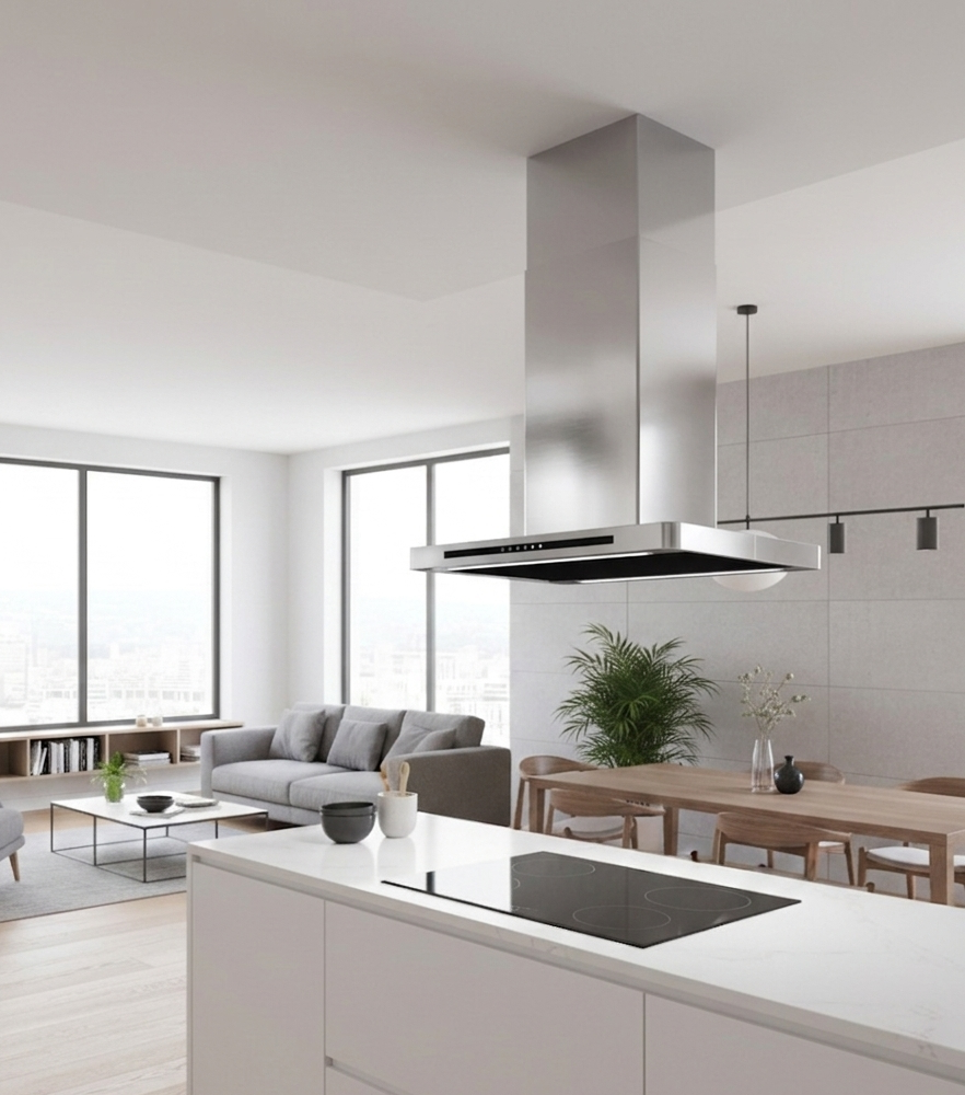 Linea island cooker hood in stainless steel above white marble island featuring induction hob, and living room in the background.