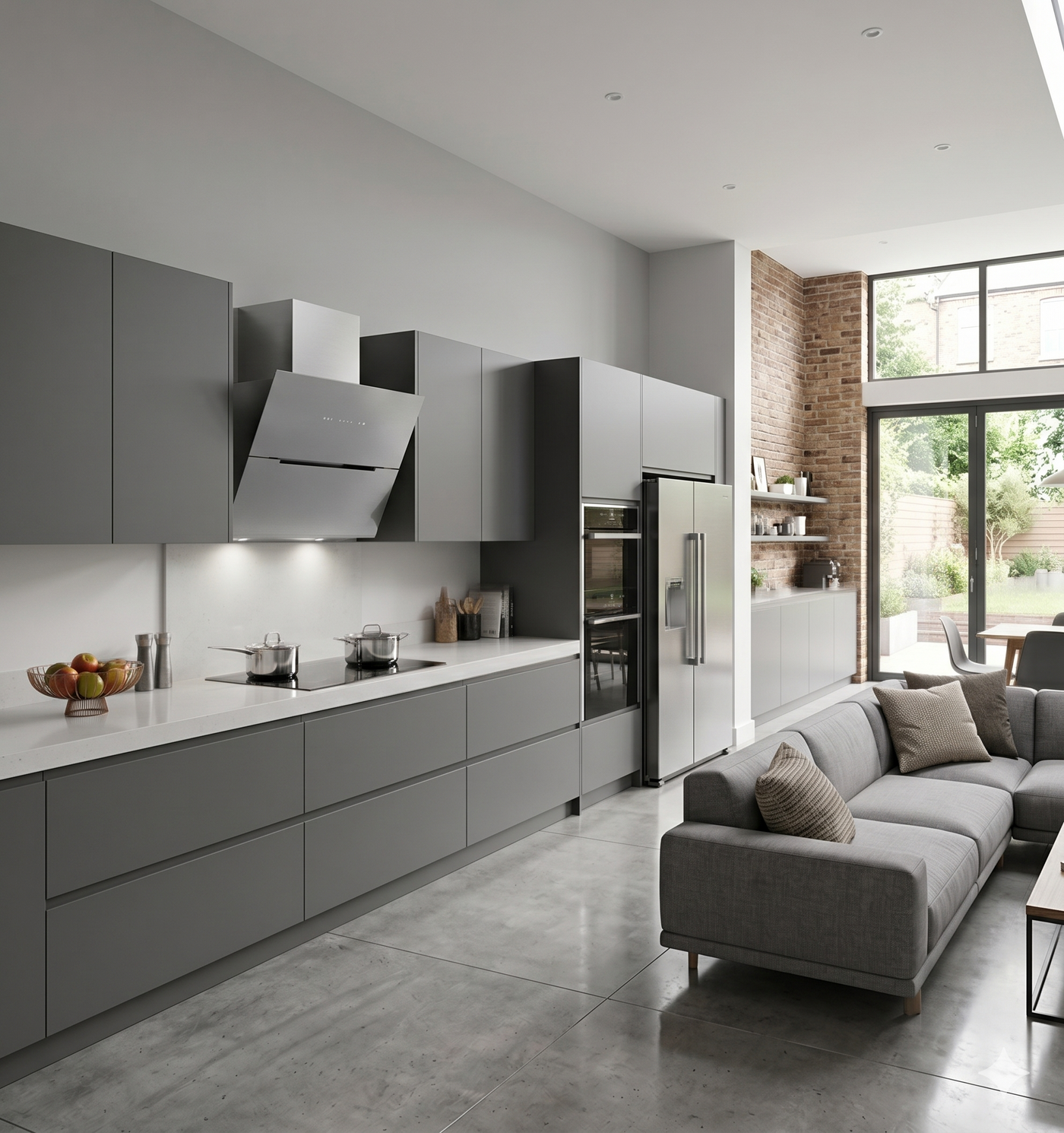 Modern open plan kitchen diner featuring 90cm Ascenti cooker hood in a sleek grey kitchen with marble counter tops.