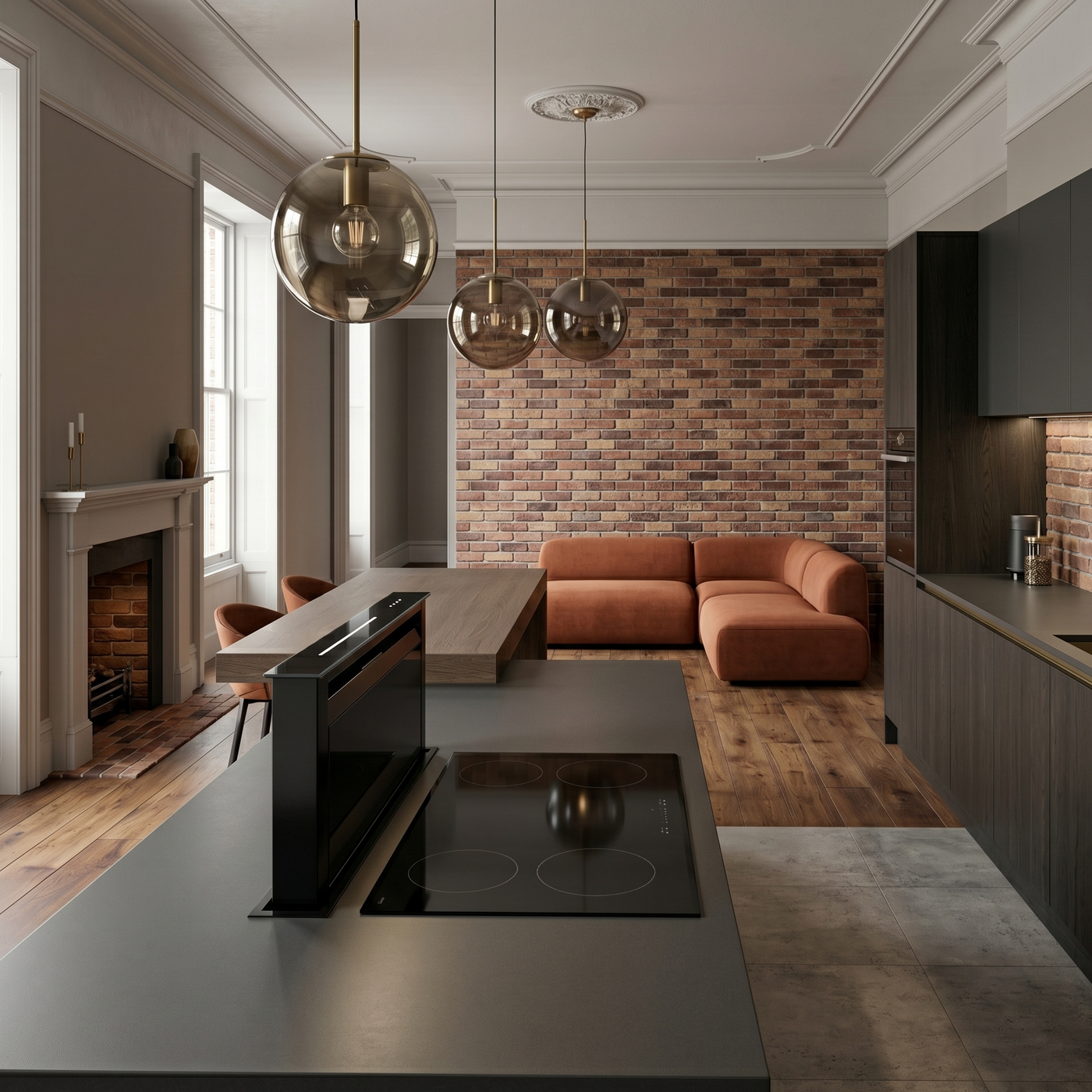 Modern townhouse kitchen featuring a black rising downdraft cooker hood, induction hob, exposed brick wall, and terracotta sofa.