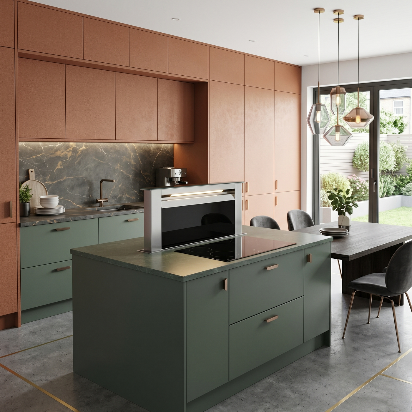 90cm Stainless steel downdraft extractor, featured in a Modern two-tone kitchen with terracotta upper cabinets, sage green base units, stone waterfall island, and gold accents