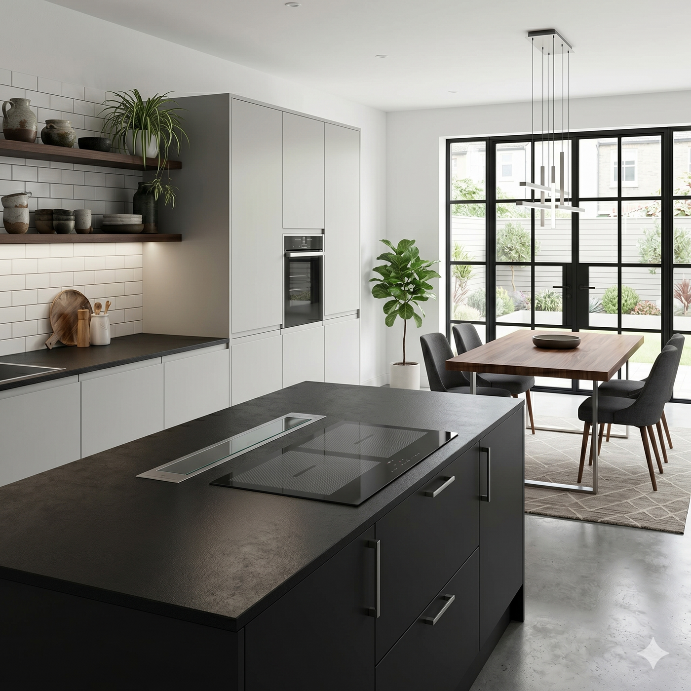 Minimalist kitchen island design showing the Luxair 90cm retractable downdraft extractor hood flush-mounted and fully retracted into a matte black worktop next to an induction hob. .