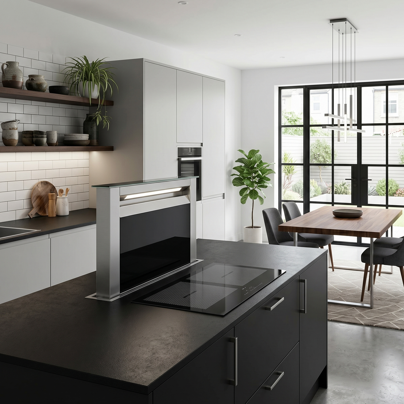 A modern townhouse kitchen featuring the Luxair stainless steel and black glass telescopic downdraft cooker hood fully extended from a black kitchen island. Featured in an open-plan dining area with a wooden table and large black-framed Crittall-style doors.