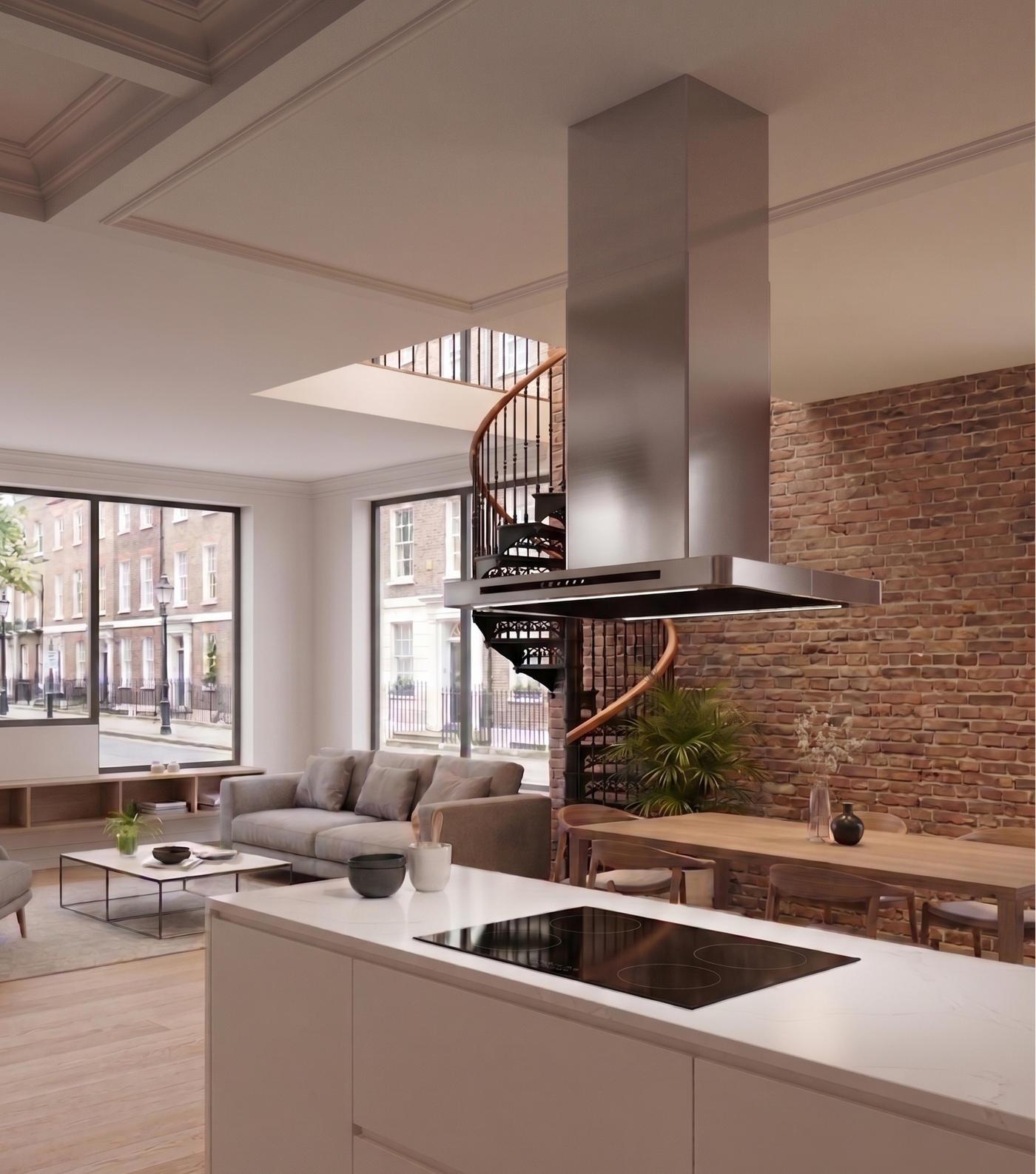 Open plan rustic style kitchen diner featuring 90cm Linea island cooker hood above a white island with induction hob