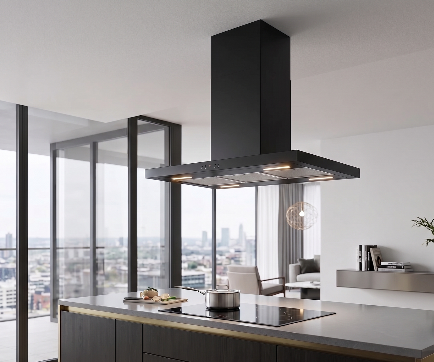 90cm black Moda island cooker hood installed within a minimalistic kitchen with dark island