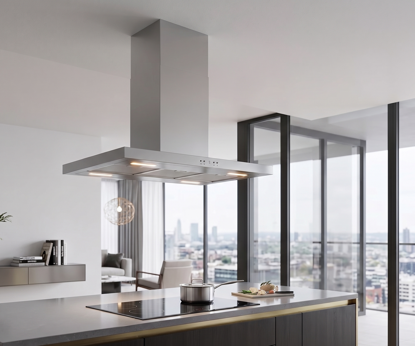 stainless steel Moda island cooker hood within an open plan, modern kitchen with dark island and large panoramic windows