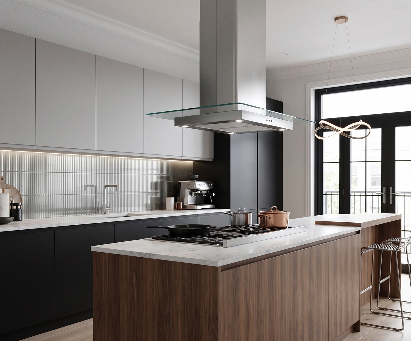 Straight glass island cooker hood installed within a modern and sleek kitchen featuring wooden cupboards and marble worktop