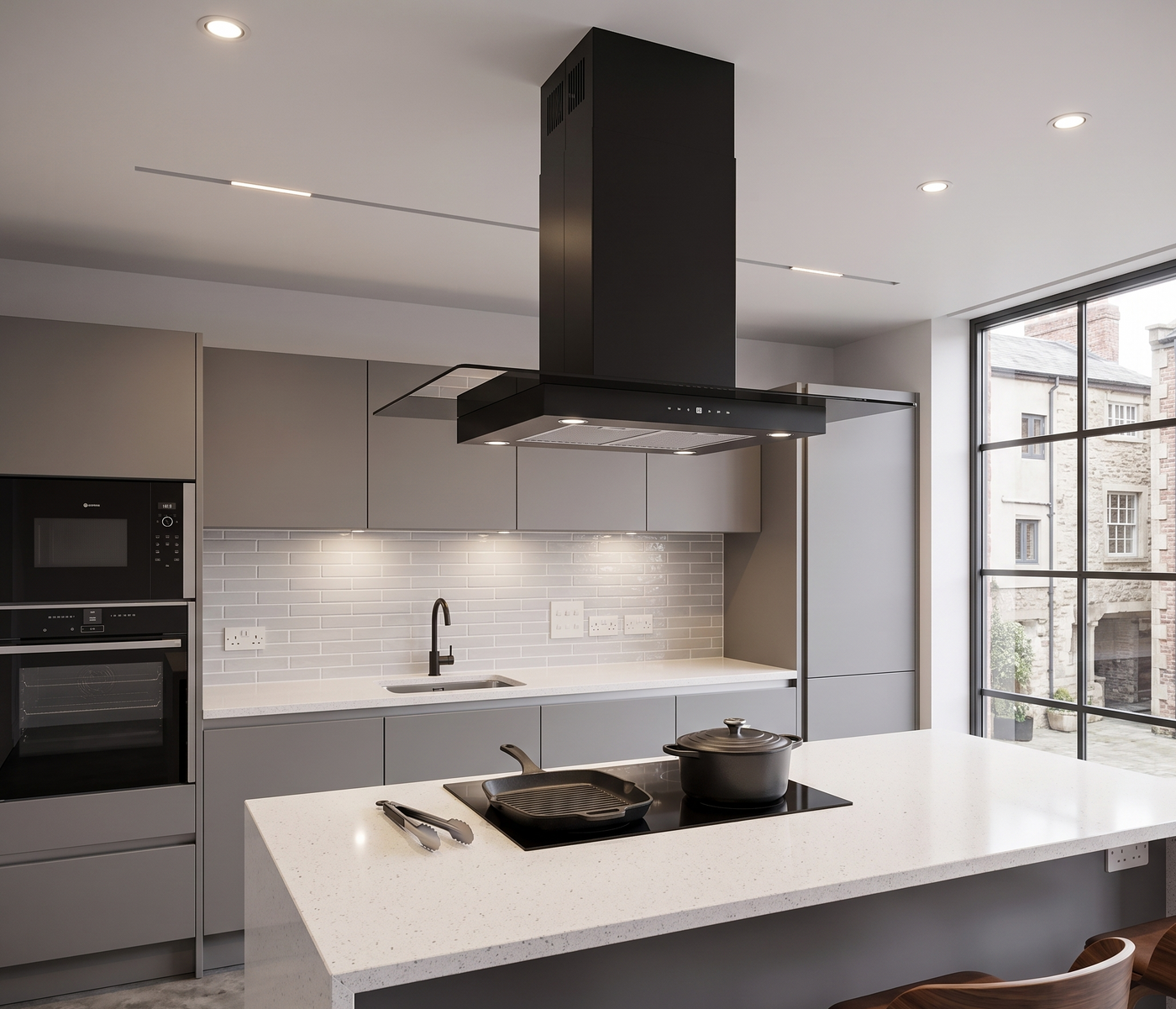 90cm straight glass island black cooker hood installed within a minimalistic grey kitchen featuring marble worktop.
