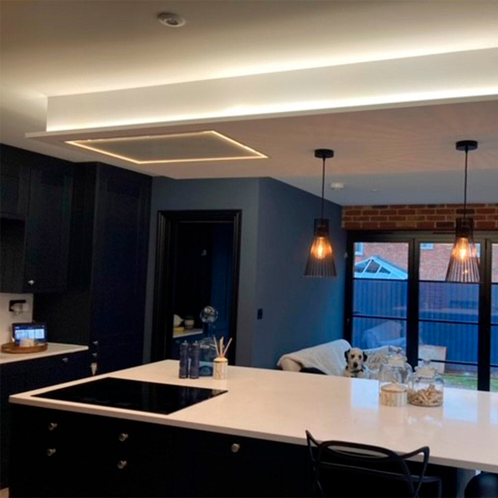White 90cm x 60cm Soffitto Installed In A Modern kitchen With White Island and Black Cabinets, Featuring Pendant Lights.
