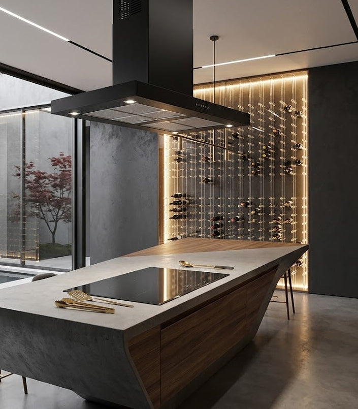 90cm black Flat island extractor hood in a modern kitchen with a large feature island, wine rack, and large windows.