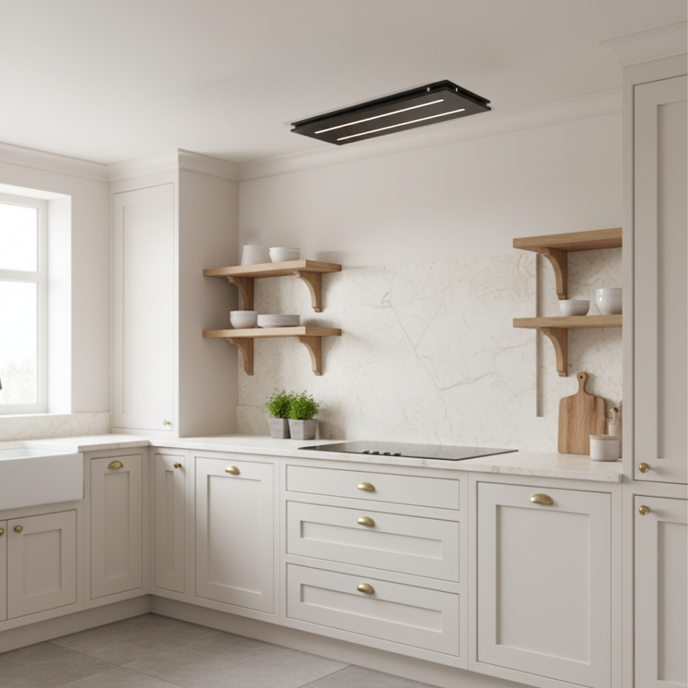 Traditional white shaker kitchen with marble backsplash and a black 800mm small ceiling extractor hood installed flush above an induction hob and wooden floating shelves.
