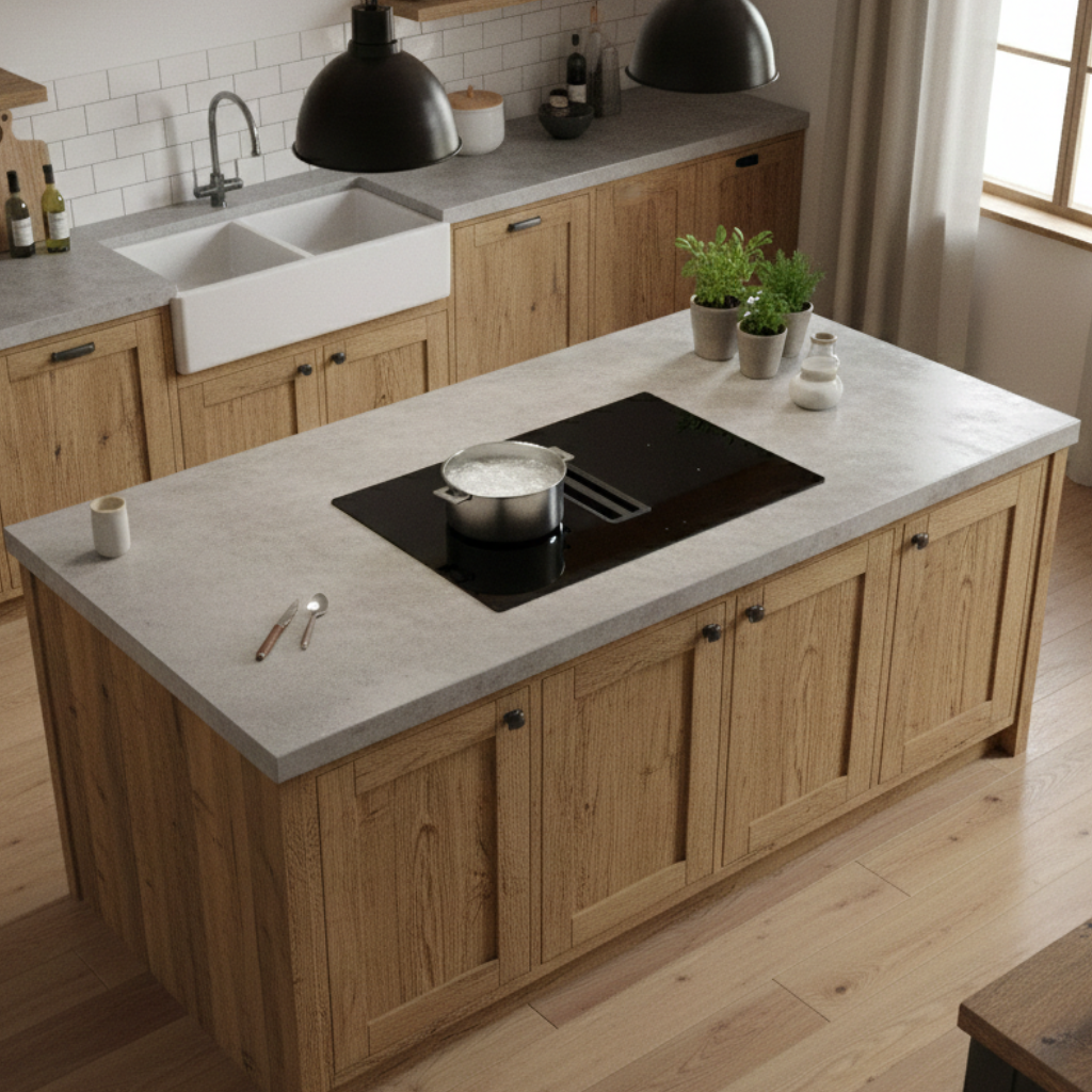 83cm Arcus vented induction hob installed within a traditional rustic style kitchen featuring central island with marble worktop