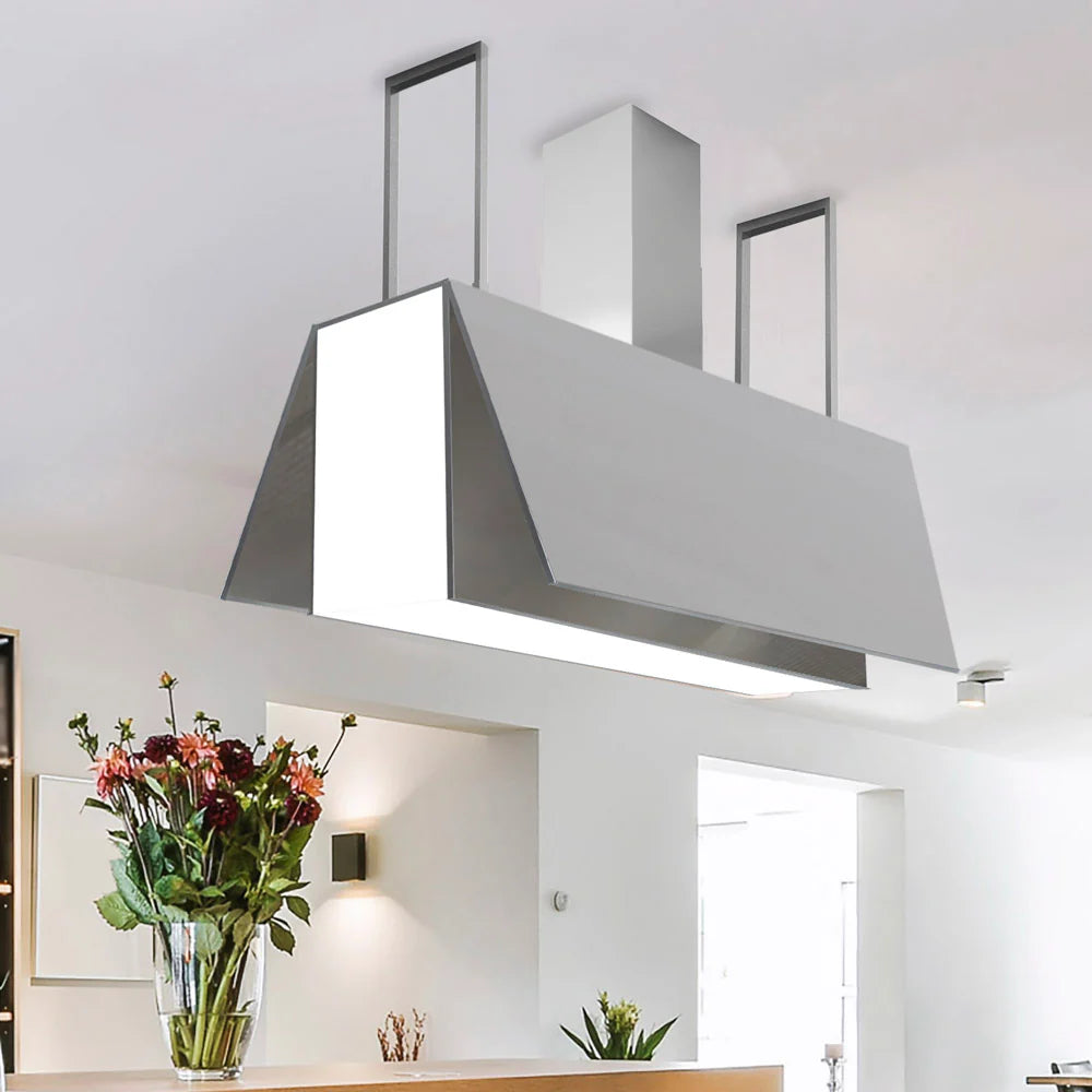 Angelo Island Cooker Hood Installed in Modern Kitchen With LED Lighting On and Wings/Doors Opened For Extraction.