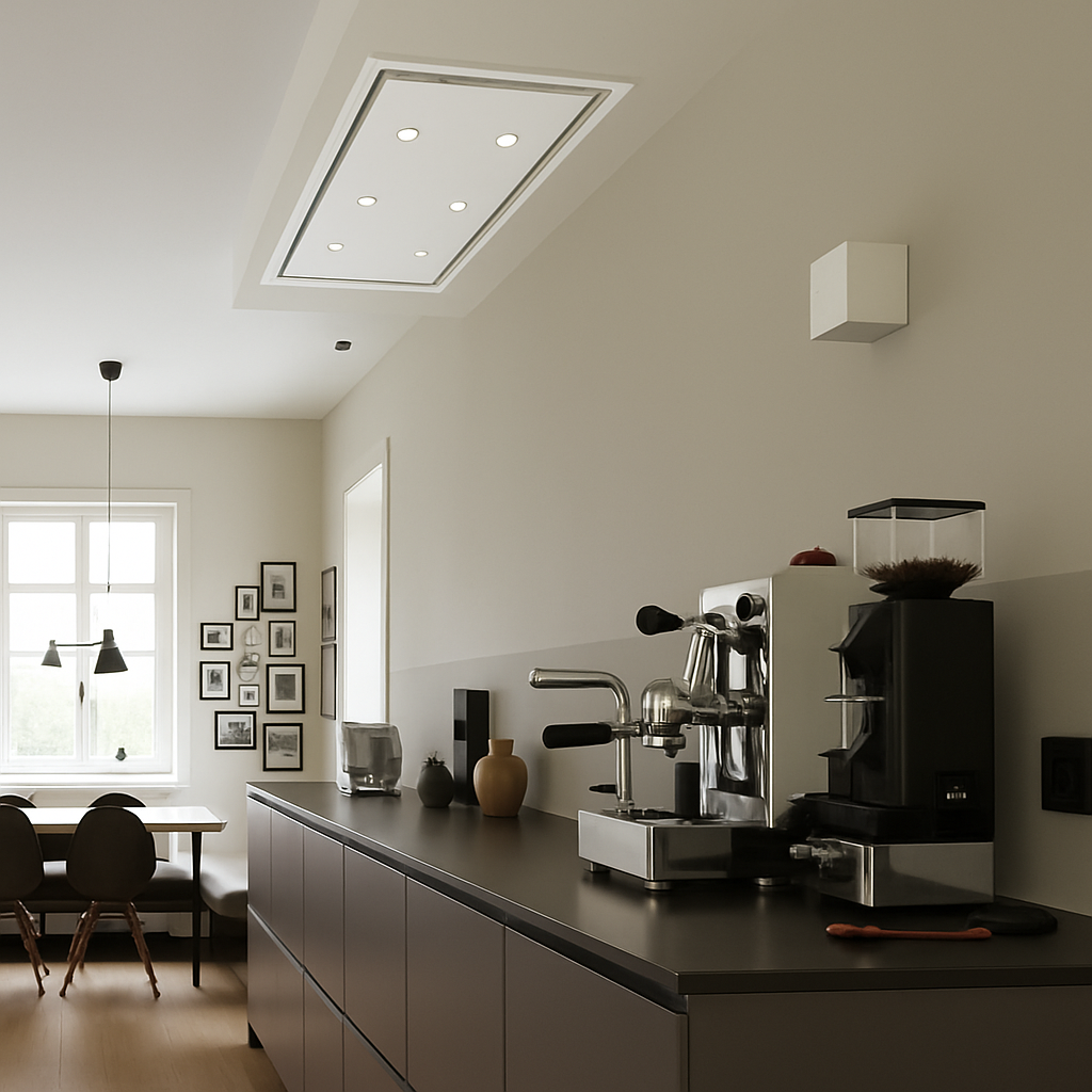 90cm x 50cm Anzi Cooker Hood In White Installed Within A Modern kitchen with coffee machine and grinder on a countertop