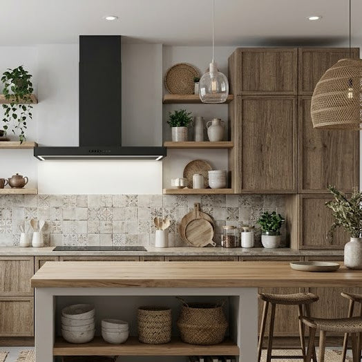 90cm Caporra black wall mounted cooker hood installed above in induction hob in a modern boho chic style kitchen