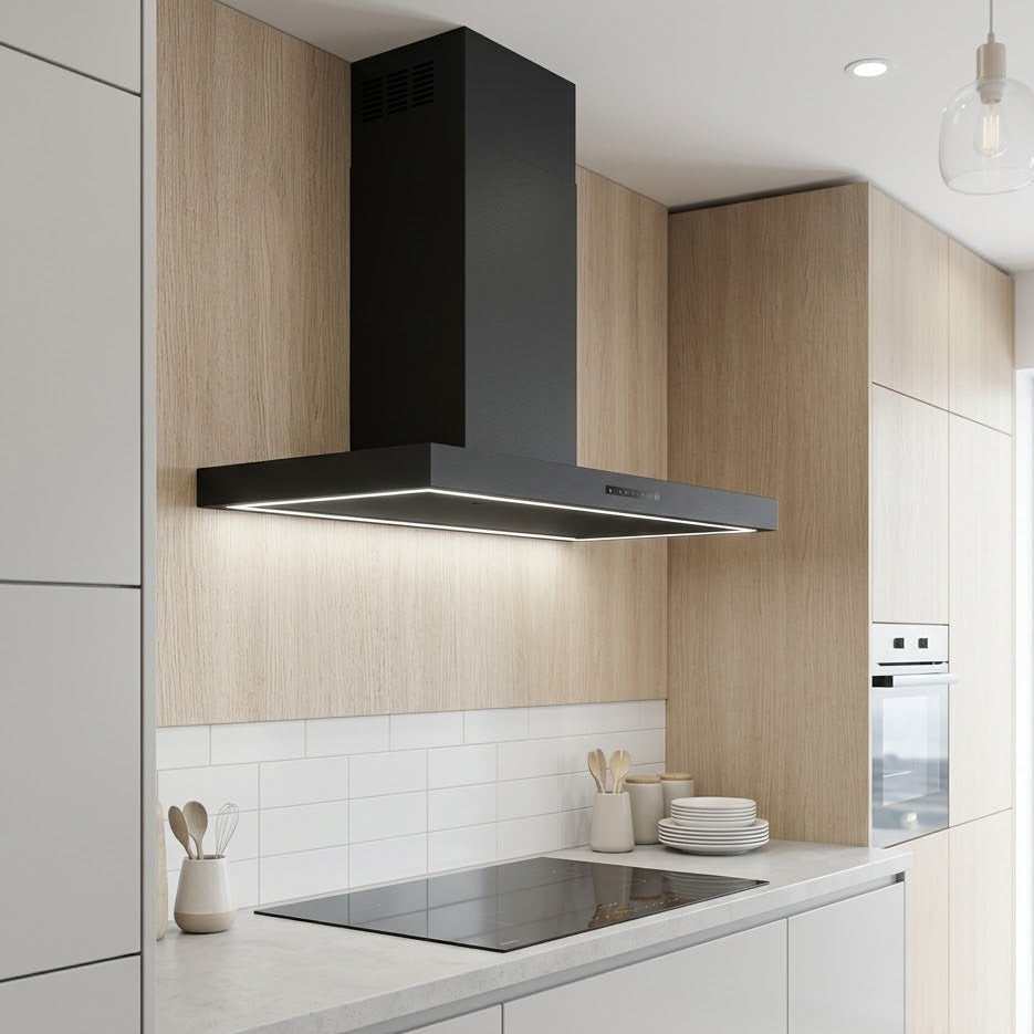 Black wall mounted Caporra cooker hood installed in a minimalistic kitchen featuring white tiles and wooden cupboards
