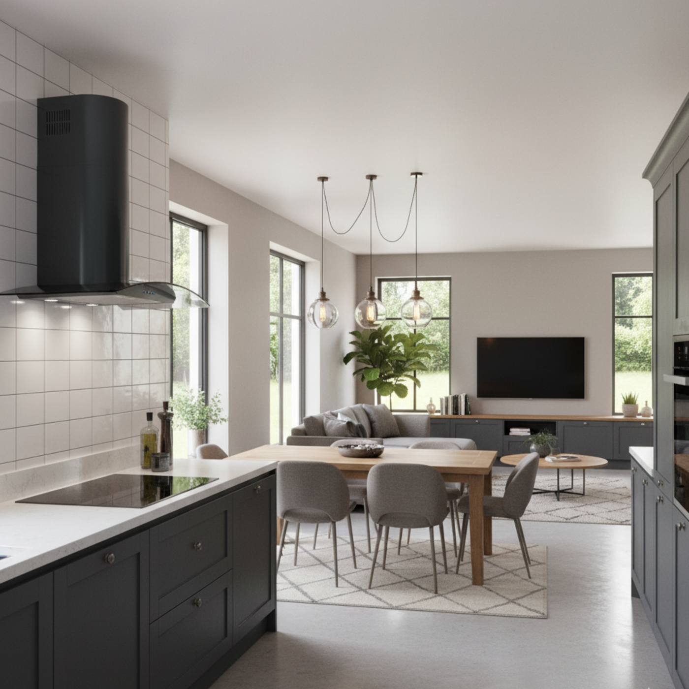 Black curved glass cooker hood installed within a modern open plan kitchen diner with dark wooden units, white tiles and induction hob