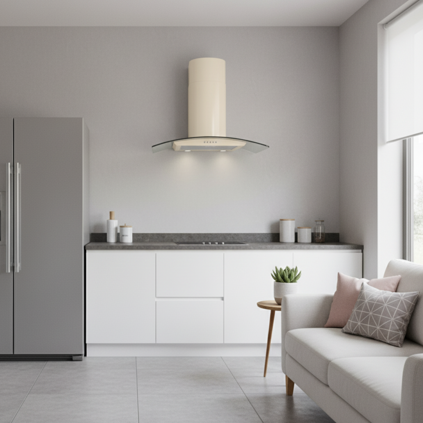 90cm Ivory curved glass cooker hood installed in a minimalistic, sleek white and grey kitchen