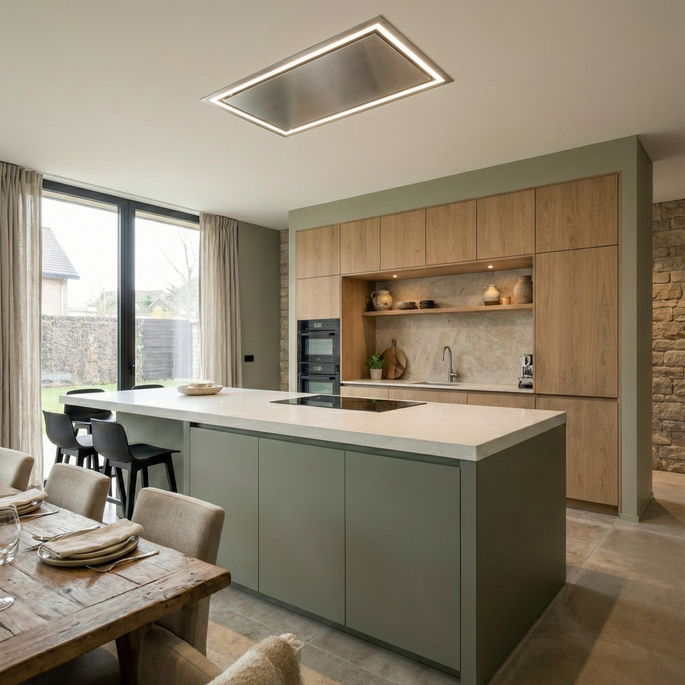 90cm x 50cm Caporra Ceiling Cooker Hood, Stainless Steel In Modern kitchen with wooden cabinets, island, and dining area.