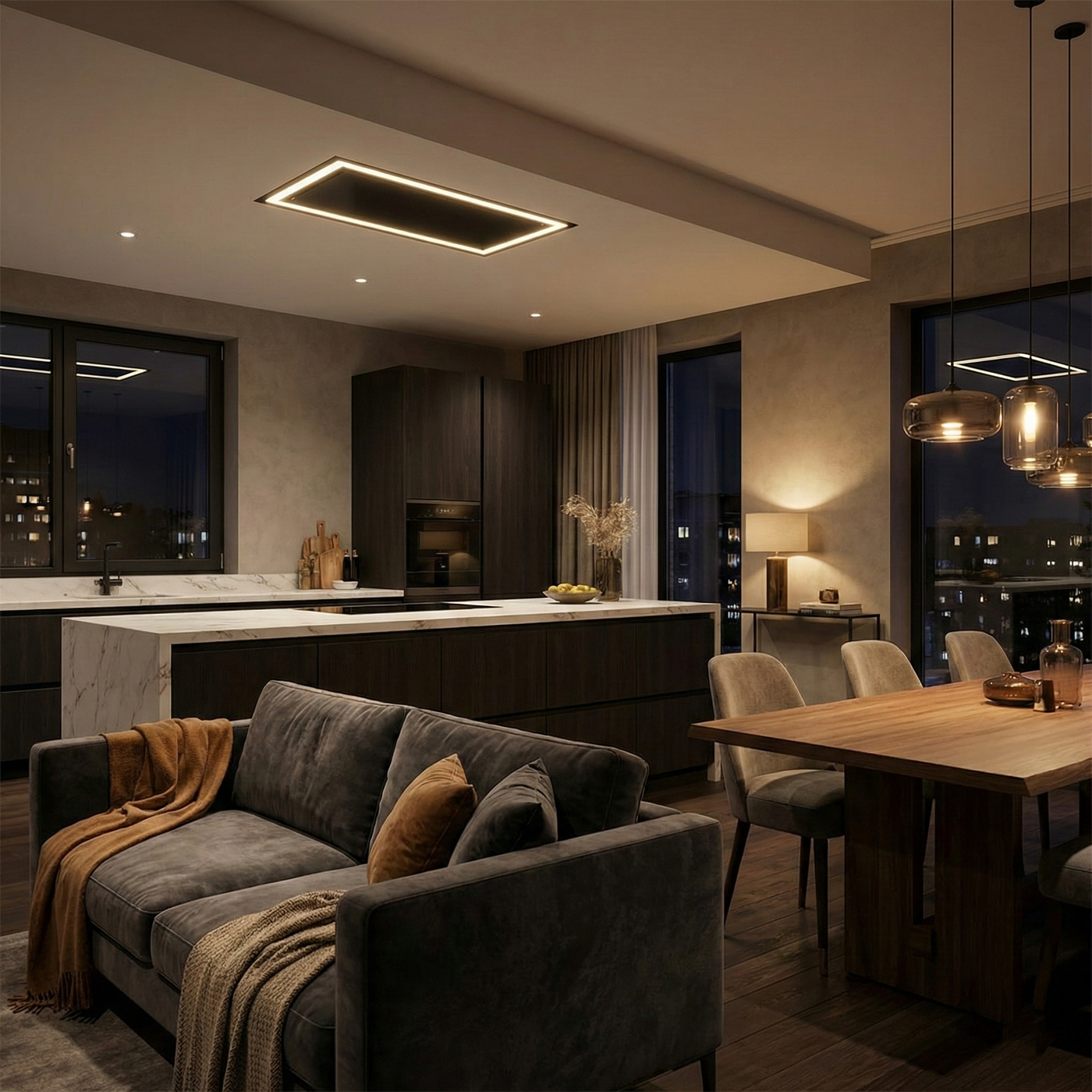 Black Caporra Cooker Hood Installed In A Modern Kitchen/Diner with Grey Sofa, Wooden Dining Table