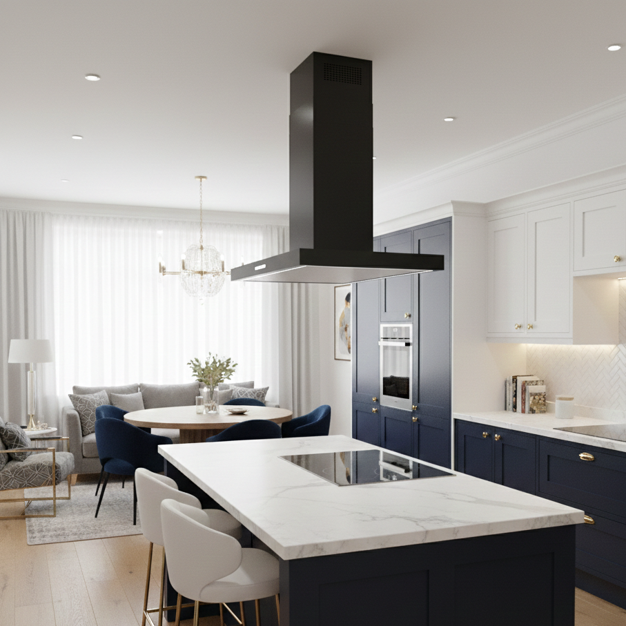 90cm Caporra island black installed within a navy and white marble kitchen with lounge area