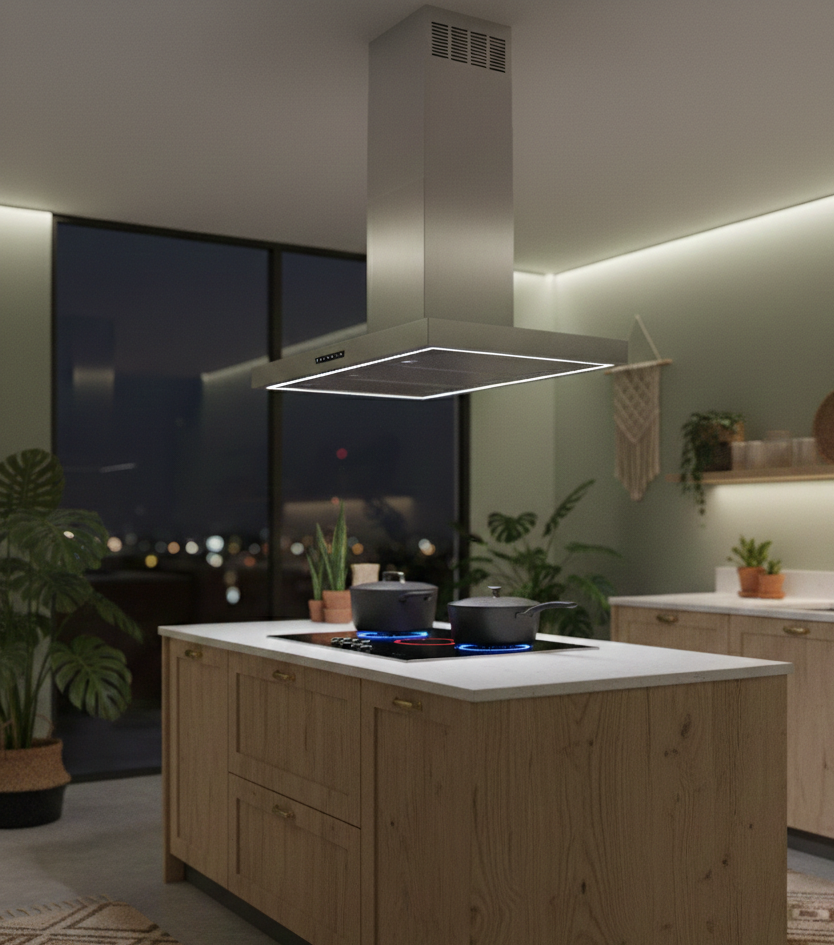 90cm Caporra island cooker hood installed within a modern kitchen with wooden island.