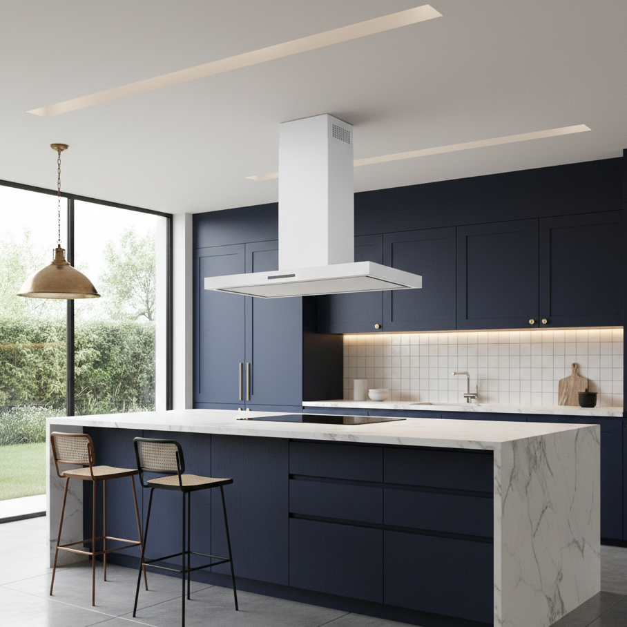 90cm Caporra island cooker hood in white, installed within a navy blue feature kitchen with white marble island
